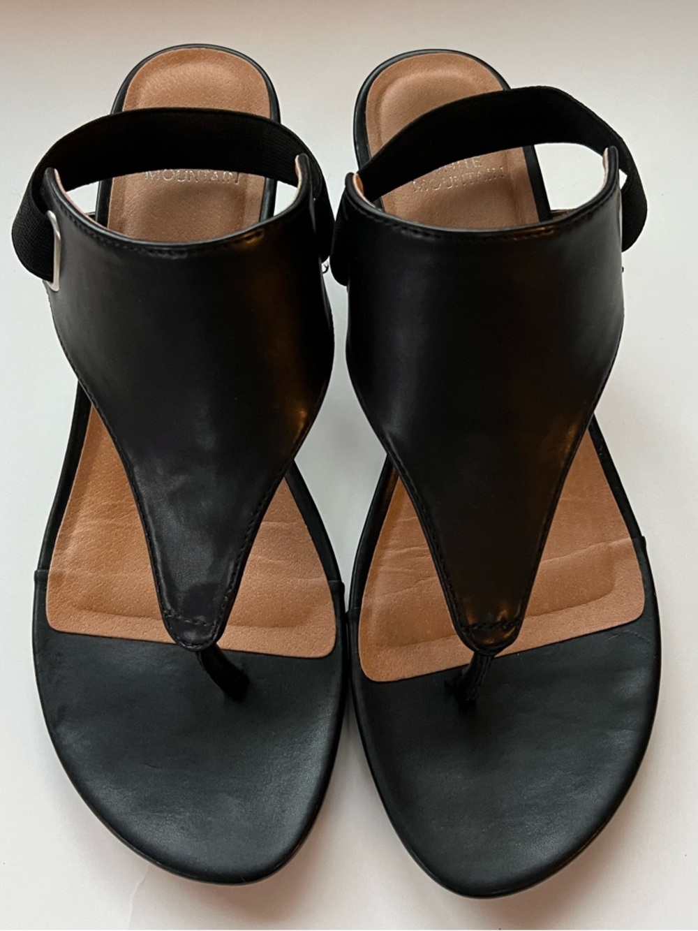 White Mountain Black Leather Toe-Post Sandals with Elastic Heel Strap